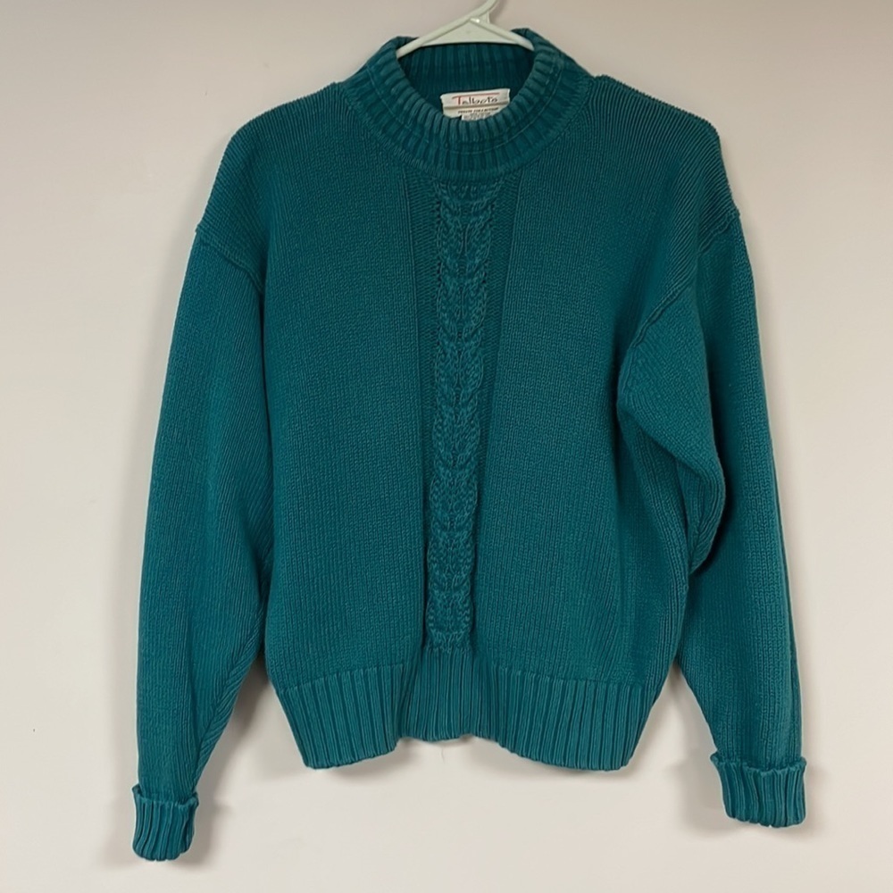 Talbots mock turtleneck  Cotton Sweater, turquoises/blue, cable knit design PM